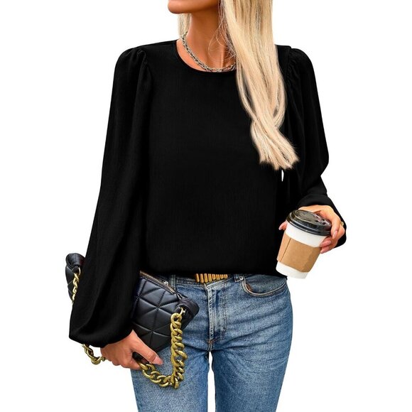 Tops - Womens Chiffon Long Sleeve Blouse Crewneck Fall Casual Dressy Office